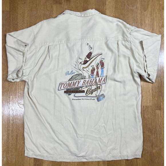 Mens XL Tommy Bahama 100% Silk Pelican Cigar Embroidered Ivory Hawaiian Shirt - Picture 2 of 5